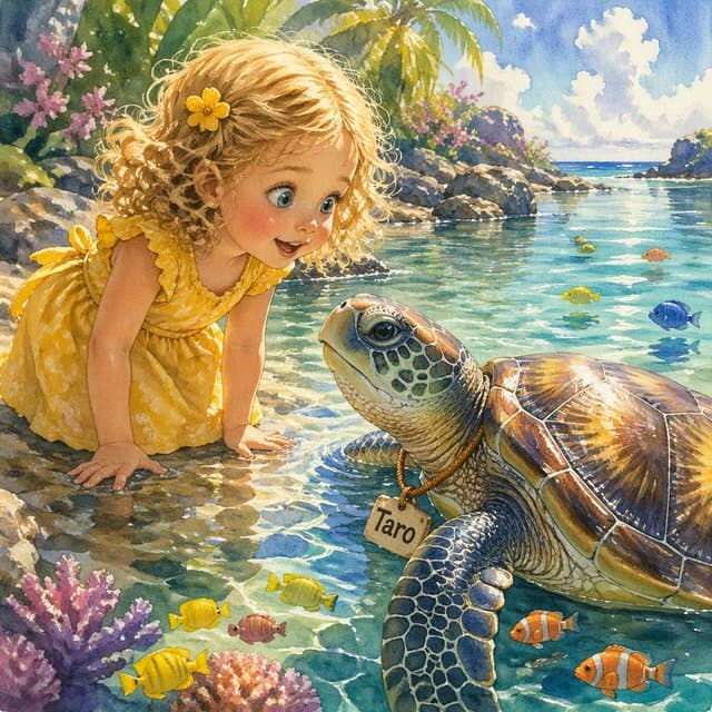 Mia begegnet der Schildkröte am Ufer