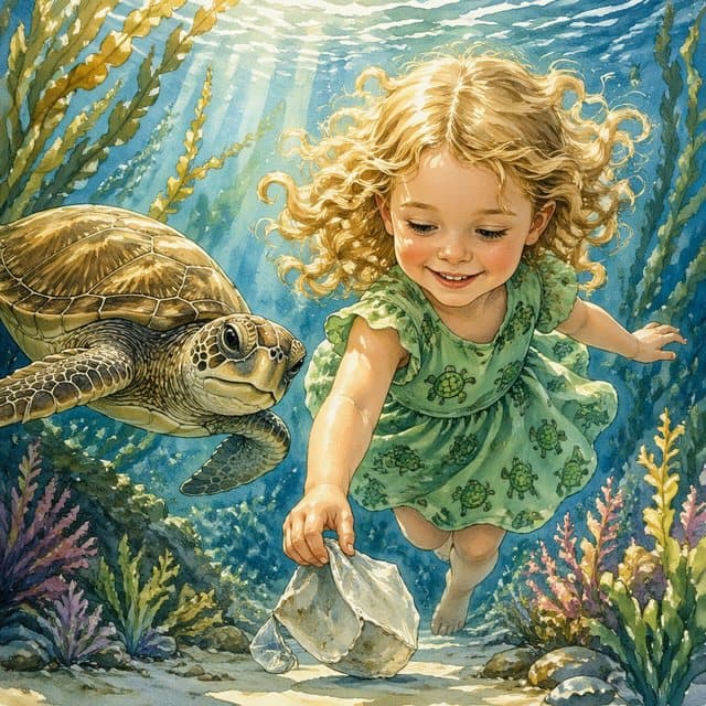 Mia taucht mit der Schildkröte durchs Meer